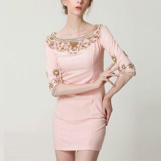 Embellished Elbow-sleeve Sheath Dress