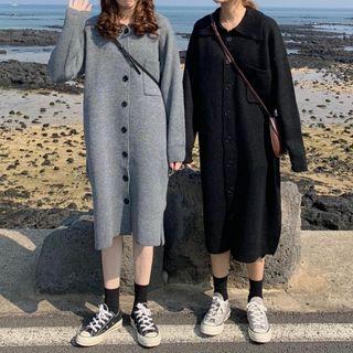Polo Collar Buttoned Long-sleeve Midi Knit Dress
