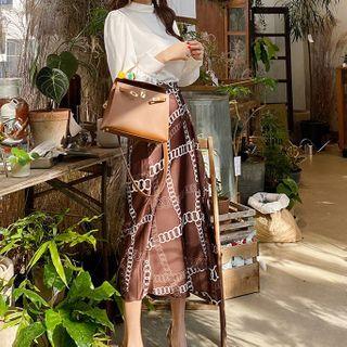 Set: Long-sleeve Blouse + Print Asymmetrical Midi Pencil Skirt