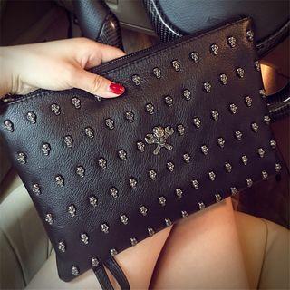 Genuine Lather Skull Accent Clutch Black - One Size
