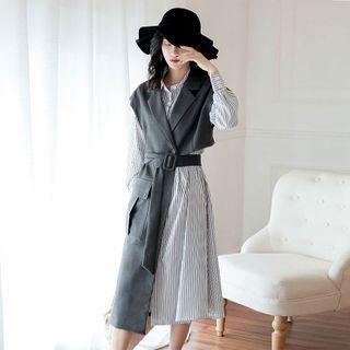 Set: Striped Long-sleeve Midi Shirtdress + Asymmetric Vest