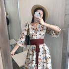 Elbow-sleeve Floral Print Midi Dress / Camisole Top