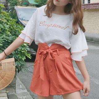 Set: Short-sleeve Lettering T-shirt + Wide Leg Shorts