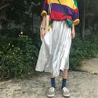 Color-block Striped Loose-fit Short-sleeve T-shirt / Metallic Skirt
