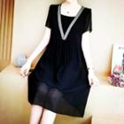 Short-sleeve V-neck Contrast Trim Chiffon Dress