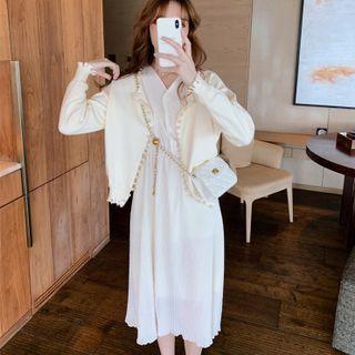 Long Sleeve V-neck Ruched A-line Dress / Beaded Trim Cardigan