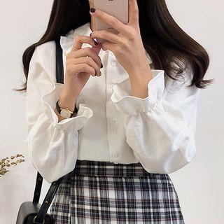 Ruffled Collar Blouse / Ruffled Plaid A-line Skirt