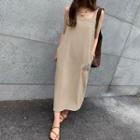 Linen Blend Long Pinafore Dress Beige - One Size