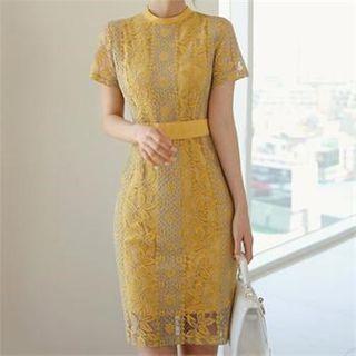 Tie-waist Lace Overlay Sheath Dress