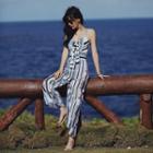 Set: Front Knot Stripe Swimsuit + Wide Leg Pants