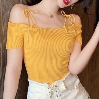 Tie-shoulder Short-sleeve Knit Top