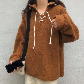 Plain Fleece Long-sleeve Loose-fit Pullover Coffee - One Size