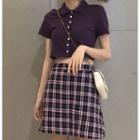 Button Short-sleeve Crop Top / Plaid Mini Skirt