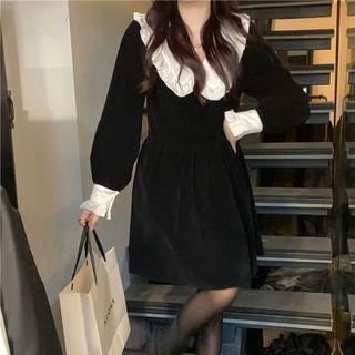 Long-sleeve Contrast Trim Ruffle Trim A-line Dress