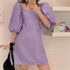 Lantern-sleeve Square Neck Plain Dress