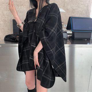 Buckled Plaid Wool Poncho