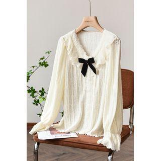 Bow Ruffle Trim Lace Blouse Off-white - One Size