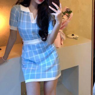 Short-sleeve Open-collar Check Top / Mini Pencil Skirt