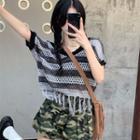 Plain Halter Top + Striped Knit Top + Camouflage Skirt