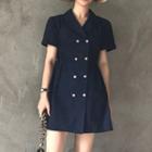 Double Breasted Short Sleeve Shirt Dress Navy Blue - One Size