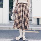 Plaid A-line Midi Skirt Khaki - One Size