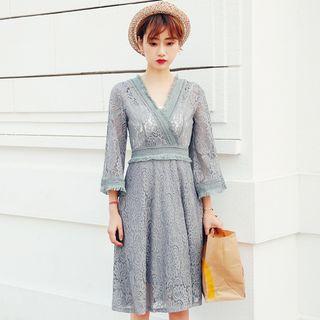 Fringed Elbow Sleeve Lace Dress