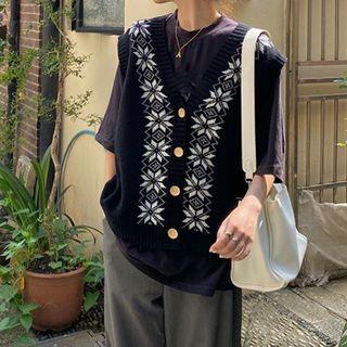 Print Button-up Sweater Vest Black - One Size