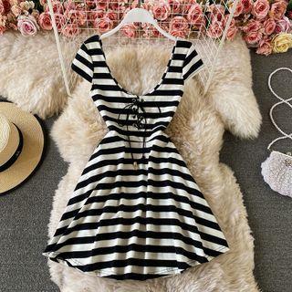 Short Sleeve Lace Up Stripe A-line Dress