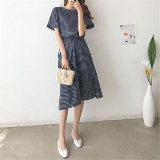 Drawcord-waist Plaid Long Dress