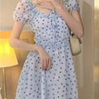 Short-sleeve Print Mini A-line Dress Love Heart - Light Blue - One Size