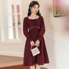 Long-sleeve Lace-up Faux Pearl Trim A-line Dress