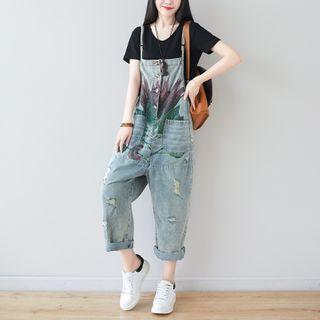 Printed Denim Jumper Pants Blue - One Size
