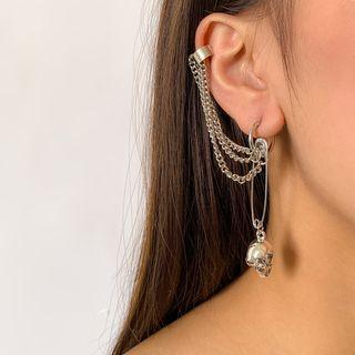 Safety Pin & Skull Cuff Earrings Silver - One Size