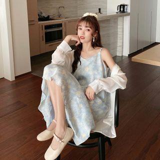 Plain Shirt / Printed Spaghetti Strap Midi Shift Dress