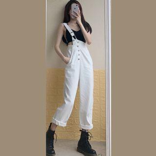 Single-strap Cropped Denim Jumper Pants