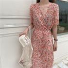 Elbow-sleeve Floral Chiffon Midi Dress As Shown In Figure - One Size