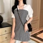 Short-sleeve Gingham Paneled A-line Mini Dress As Shown In Figure - One Size