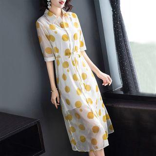 Set: Short-sleeve Dotted Midi Shirtdress + Spaghetti Strap Dress