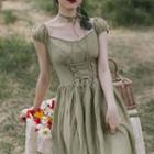 Cap-sleeve Lace-up Midi A-line Dress