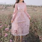 Set: Long-sleeve Mock-neck Top + Midi A-line Lace Overall Dress