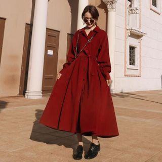 Long-sleeve Button Sashed Midi A-line Dress