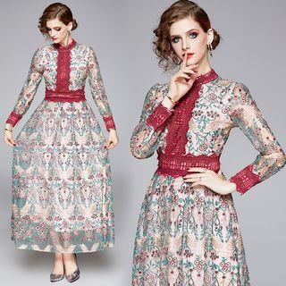Flower Embroidered Long-sleeve A-line Maxi Dress