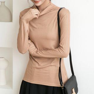 Long-sleeve Semi High-neck Striped Top