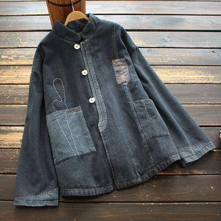 Denim Mandarin-collar Buttoned Jacket Black - One Size