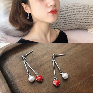 Faux Pearl Fringed Earring Bean & Heart - Silver & Red - One Size