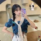 Mock Two-piece Short-sleeve Drawcord Crop Top