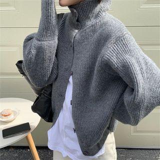 Puff-sleeve Turtleneck Cardigan Gray - One Size