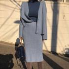 Set: V-neck Cable-knit Cardigan + Band-waist Slit-back Skirt