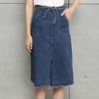 Frayed Side-slit Denim A-line Skirt