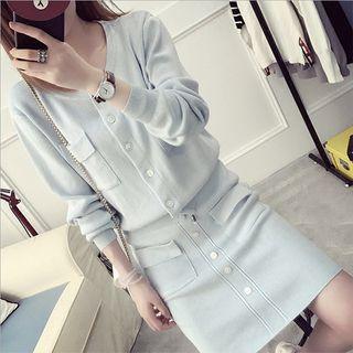 Set: Pocketed Cardigan + Drawstring Mini Knit Skirt